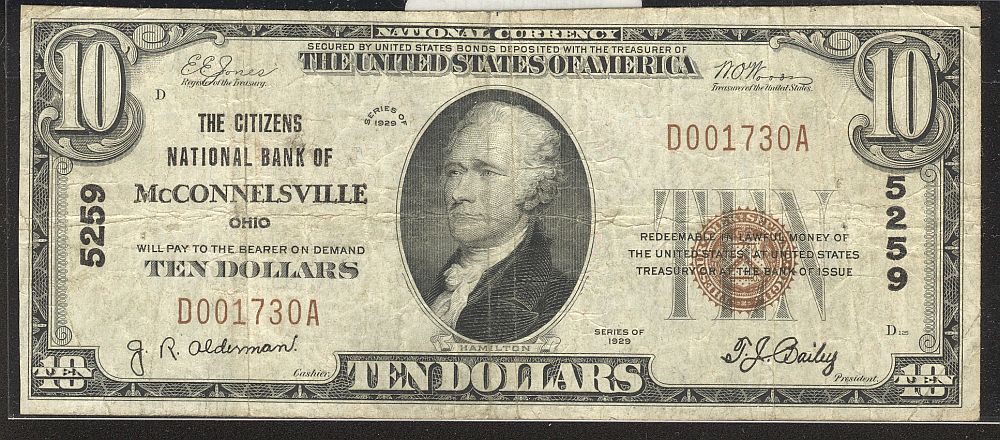 McConnelsville, OH, Ch.#5259, 1929T1 $10, The Citizens NB, D001730A, F+